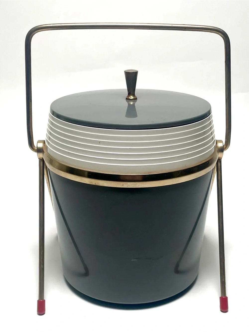 Vintage Mid Century Modern Charcoal Grey Ice Bucket & Metal Caddy Stand Legs